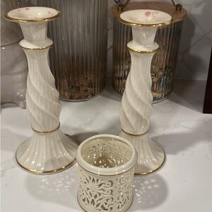 Lenox Ivory and Gold Candle Holder Set